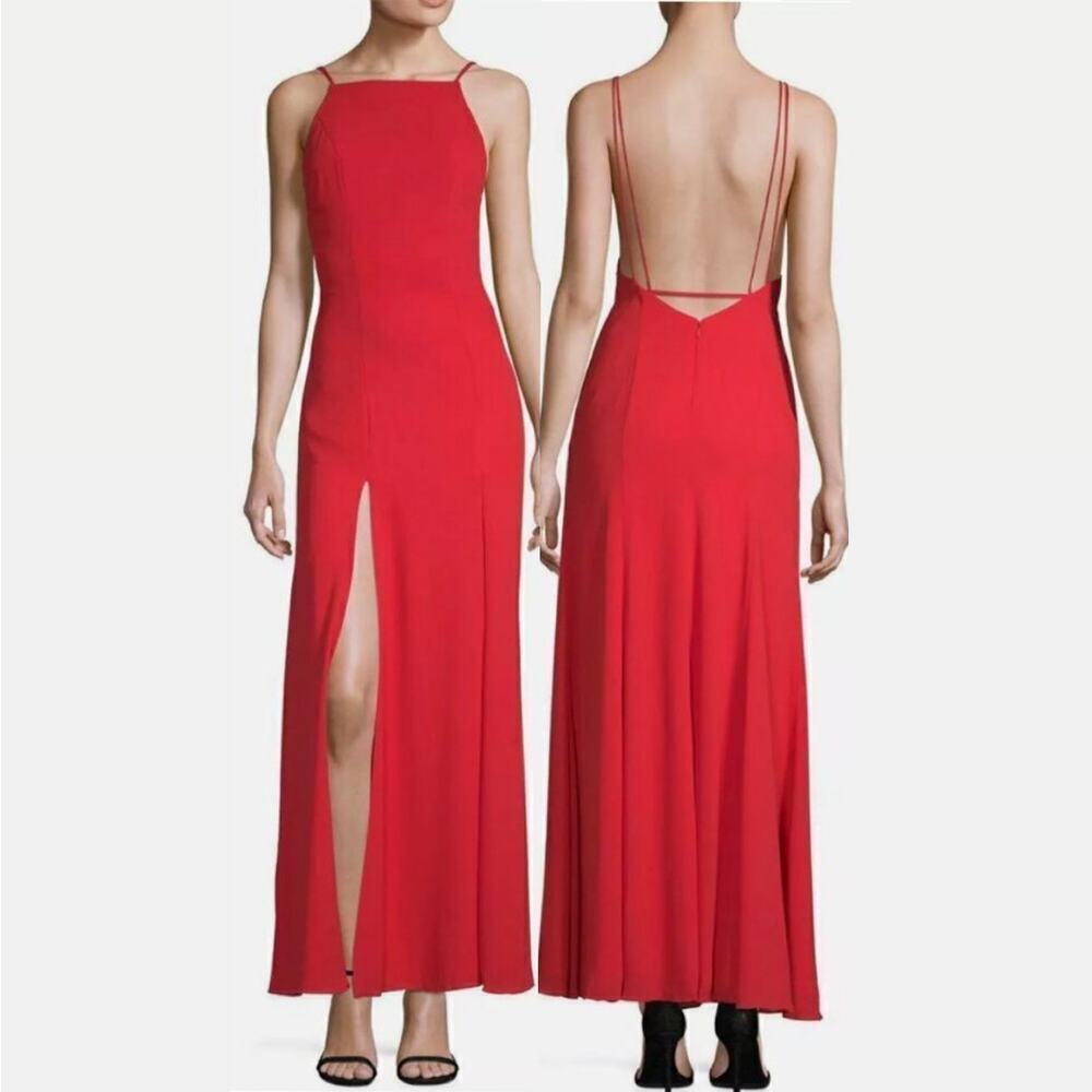 Fame and Partners Leo Dress Gown Halter High Neck Open Back Front Slits Red SZ 2